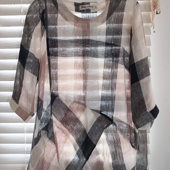 Helen’s Heart 100% Linen Plaid Tunic Top Women’s M Beige Black Gray Asymmetrical - Picture 4 of 8